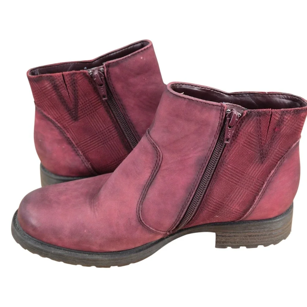 Earth Jordan Wide Wine Leather Ankle Boots Zipper Booties Womens 7.5D Low Heel